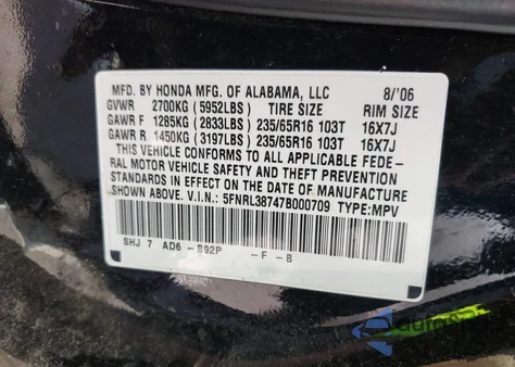 2007 Honda Odyssey Ex-L z USA, uszkodzony, nr VIN 5FNRL38747B000709